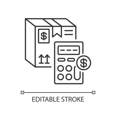 Kargo fiyatı doğrusal simgesi hesaplanıyor. Posta hizmeti ince çizgi özelleştirilebilir illüstrasyon. Paket değer değerlendirmesi. Kutu ve hesap makinesi çevresi sembolü. Vektör izole çizim. Düzenlenebilir vuruş