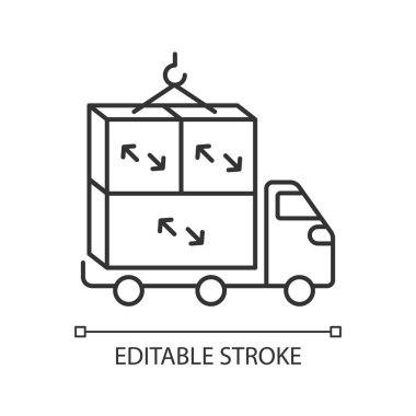 Büyük boy kargo lineer simgesi. Yük taşımacılığı, ticari nakliye ince çizgiler, kişiselleştirilebilir illüstrasyon. Konteynır konteynır sembollü kamyon. Vektör izole çizim. Düzenlenebilir vuruş