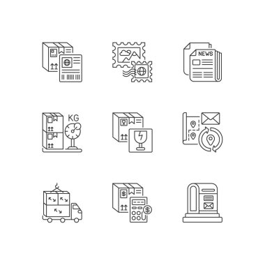 Posta servisi doğrusal simgeleri ayarlandı. Posta dağıtım işi, dağıtım endüstrisi. Paketler, kişiselleştirilebilir ince çizgi çizgileri sembolleri. İzole vektör çizimi çizimleri. Düzenlenebilir vuruş
