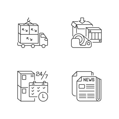Yük taşıma lineer simgeleri ayarlandı. Büyük kargo, nakliye malzemeleri, teslimat çizelgesi ve kişiselleştirilebilir ince çizgi sembolleri. İzole vektör çizimi çizimleri. Düzenlenebilir vuruş