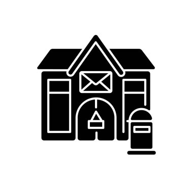 Postane siyah simge simgesi. Beyaz uzayda posta merkezi silueti sembolü. Posta servisi. Mektup dağıtımı, paket taşıma ve posta pulu satışı. Vektör izole illüstrasyonu