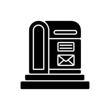 Siyah sembol sonrası simgesi. Beyaz alanda kamu posta hizmeti silueti sembolü. Posta taşıma işi. Mektuplar ve küçük paketler için sokak posta kutusu. Vektör izole illüstrasyonu