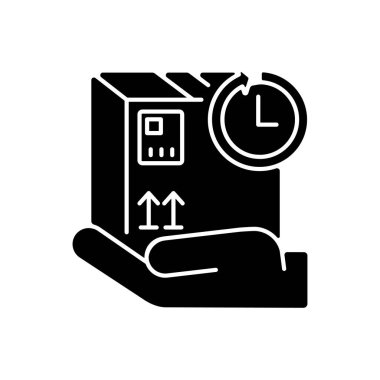 Posta simgesini tut. Paket tutma süresi, kargoyu geri getirme. Beyaz boşlukta posta servisi silueti sembolü. Hızlı paket teslimatı. El ele tutuşan paket vektörü izole edilmiş illüstrasyon