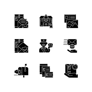 Postane simgeleri beyaz alana dizilmiş. Profesyonel posta hizmetleri, yazışmalar ve ulaşım siluetleri. Kurye teslimatı. Vektör izole illüstrasyonu
