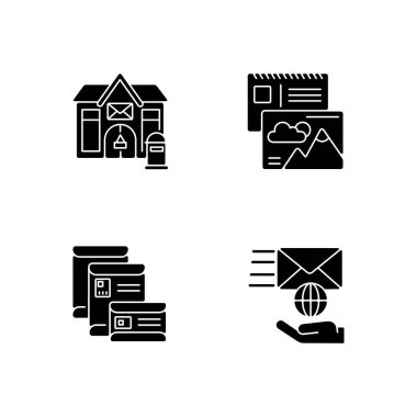 Posta yazışmaları, beyaz uzaya dizilmiş siyah sembol simgeleri. Postane, uluslararası servis, kartpostallar ve zarflar siluet sembolleri. Mektuplar teslimatı açıklar. Vektör izole illüstrasyonu