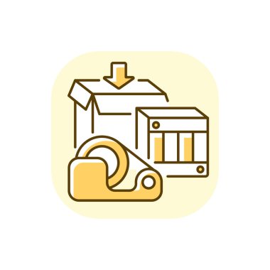 Sevkiyat malzemeleri sarı RGB renk simgesi. Posta servisi, paket paketleme ya da boşaltma. Paket açık, postane ekipmanları. Kutular ve koli bandı izole vektör illüstrasyonu