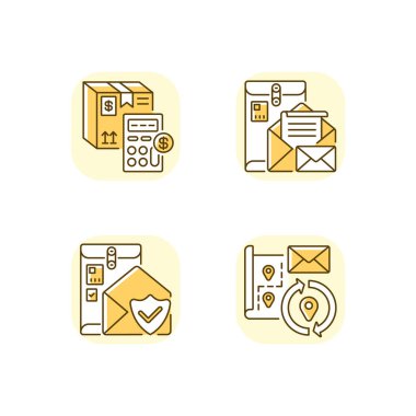 Posta sarı RGB renk simgeleri ayarlandı. Kargo fiyatları, kargo sigortası, adres değişikliği ve posta kutusu hesaplanıyor. Ekspres posta servisi. İzole vektör çizimleri