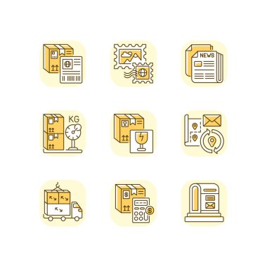 Posta servisleri sarı RGB renk simgeleri ayarlandı. Posta dağıtım işi, dağıtım endüstrisi. Paketler, nakliye ve mektuplar. İzole vektör çizimleri