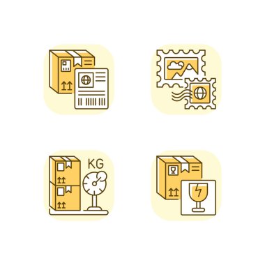 Posta gönderimi sarı RGB renk simgeleri ayarlandı. Nakliye etiketi, posta pulları, kargo ağırlığı ve kırılgan eşyalar. Posta taşıma hizmetleri. İzole vektör çizimleri