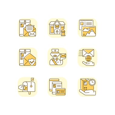 Postane sarı RGB renk simgeleri ayarlandı. Profesyonel posta hizmetleri, yazışmalar ve ulaşım paketleri. Kurye teslimatı. İzole vektör çizimleri