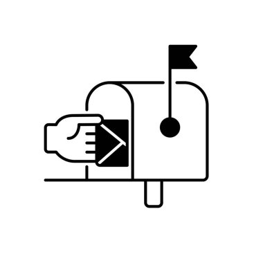 Posta kutusu siyah doğrusal simgesi. Posta servisi, posta dağıtım sembolü beyaz boşlukta. Yazışmalar için geleneksel konteynır. Harf vektörü izole edilmiş yerleşik posta kutusu