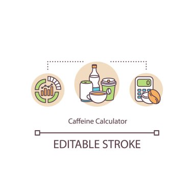 ?Kafein hesap makinesi konsepti ikonu. Günlük dozun hesaplanması. Aşırı dozda enerji içeceği ve ince çizgili kahve fikrine kapılma riski var. Vektör izole edilmiş RGB renk çizimi. Düzenlenebilir vuruş