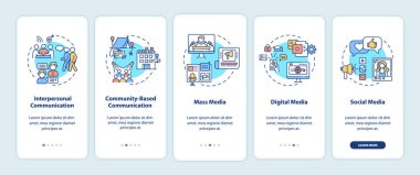 Mobil uygulama sayfası ekranındaki iletişim kanalları kavramlarla dolu. Medya izleyicilerinin 5 aşamalı grafiksel talimatları gözden geçirmesi. RGB renk resimleriyle UI vektör şablonu