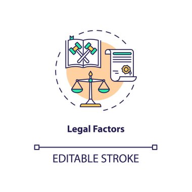 Hukuki faktörler konsepti ikonu. İletişim hayat kurtarıcı ipuçları. PESTEL analizi. İş hedefi fikri ince çizgi çizimi. Vektör izole edilmiş RGB renk çizimi. Düzenlenebilir vuruş