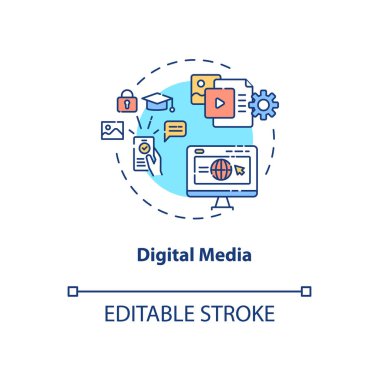 Dijital medya konsepti ikonu. İletişim kanalı. Çevrimiçi öğrenme. İnternet fikri ince çizgili illüstrasyondan bilgi. Vektör izole edilmiş RGB renk çizimi. Düzenlenebilir vuruş