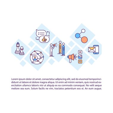 Metinli sosyal ağ konsepti simgesi. Tanıtım ve iletişim pazarlaması. PPT sayfa vektör şablonu. Broşür, dergi, kitapçık tasarım ögesi doğrusal çizimler