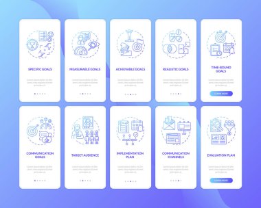 İletişim stratejisi mobil uygulama sayfası ekranında konseptler ayarlandı. İş görüşmeleri 10 aşamalı grafik talimatlar üzerinden geçiyor. RGB renk resimleriyle UI vektör şablonu