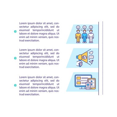 Metin ile etki yaratan ve içerik pazarlama konsepti ikonu. Sosyal medya pazarlaması. İletişim stratejisi. PPT sayfa vektör şablonu. Broşür, dergi, kitapçık tasarım ögesi doğrusal çizimler