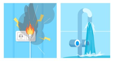 Hatalı kablo ve bozuk musluk suyu yarı düz RGB renk vektör çizimi seti. Elektrik kısa devresi. Döşeme banyosu. Ev kazası, mavi arkaplanda karikatür nesneleri koleksiyonu