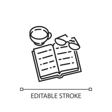 Kitaplar doğrusal simge okuyor. Kapalı bir hobi. Kitap, bardak, çay bardağı. Sıcaklık. Sonbahar havası. İnce çizgi özelleştirilebilir illüstrasyon. Contour sembolü. Vektör izole çizim. Düzenlenebilir vuruş