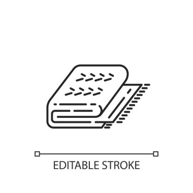 Sevimli battaniye doğrusal ikonu. Sıcaklık mevsimi. Pelüş, yumuşak şey. Tatil zamanı. Ev dekorasyonu. İnce çizgi özelleştirilebilir illüstrasyon. Contour sembolü. Vektör izole çizim. Düzenlenebilir vuruş