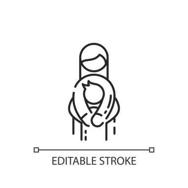 Aile ilişkileri doğrusal simge. Anne ve çocuk. Birbirinize sarılın. Hygge yaşam tarzı. İnce çizgi özelleştirilebilir illüstrasyon. Contour sembolü. Vektör izole çizim. Düzenlenebilir vuruş