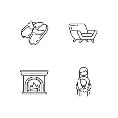 Cozyness ruh hali doğrusal simgeleri ayarlandı. Aile kucaklaşması. Koyun derisi kırbaç terlikleri. Özelleştirilebilir ince çizgi şekilleri. Ahşap şömine. İzole vektör çizimi çizimleri. Düzenlenebilir vuruş
