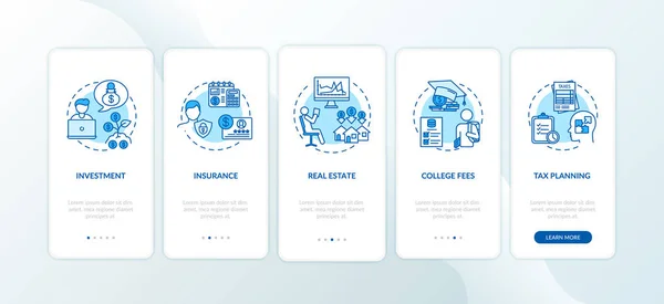 金融リテラシーアプリケーション概念とモバイルアプリのページ画面にオンボーディング 投資助言は5ステップのグラフィック指示を歩く Rgbカラーイラスト付きUiベクトルテンプレート — ストックベクタ