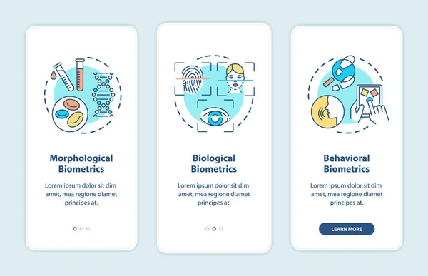 Biometrické Typy Onboarding Mobilní Aplikace Obrazovka Koncepty Druhy Rozpoznávání Osob — Stockový vektor