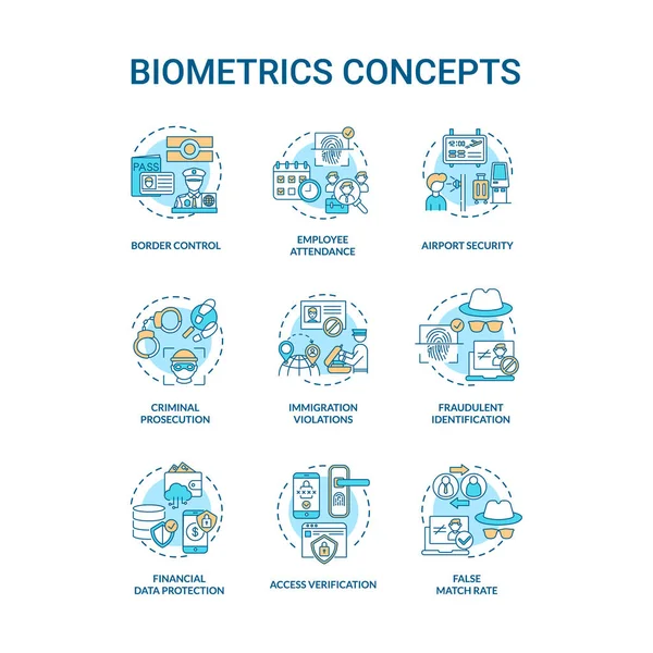 Conjunto Ícones Conceituais Biométricos Reconhecimento Pessoas Segurança Dados Tecnologias Identificação — Vetor de Stock