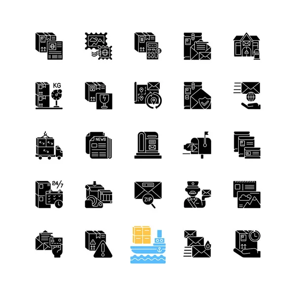 Postdiensten Zwarte Glyph Pictogrammen Ingesteld Witte Ruimte Exprespost Levering Pakketten — Stockvector