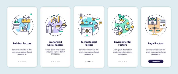 Pestel Analys Onboarding Mobilapp Sida Skärm Med Begrepp Typer Kommunikationsfaktorer — Stock vektor