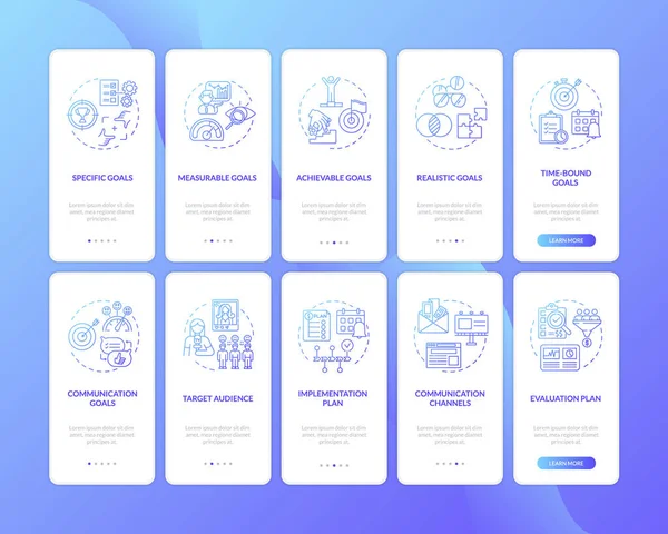 Kommunikationsstrategi Onboarding Mobilapp Sida Skärm Med Begrepp Som Affärsmöte Idéer — Stock vektor