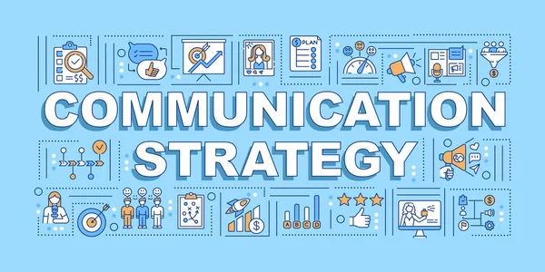 커뮤니케이션 전략이라는 단어가 배너입니다 비즈니스 관계요 파란색 배경에 아이콘이 그래픽 — 스톡 벡터