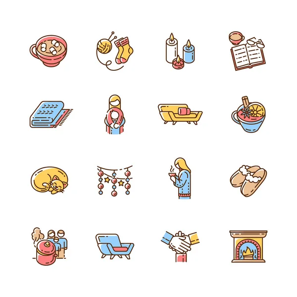 Konforlu Danimarka trend RGB renk simgeleri belirlendi. İskandinav Noel arması. Kış tatili sıcak içkileri. Aile zamanı. Hoş geldin atmosferi. Yeni yıl dekorasyon fikirleri. İzole vektör çizimleri