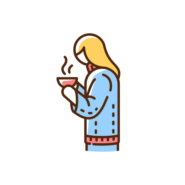 Girl Hot Drink Mug Rgb Color Icon Calm Atmosphere Enjoying — Stock Vector