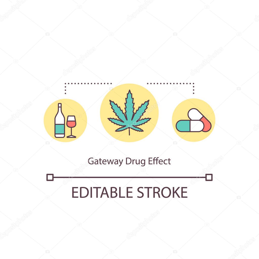 Gateway drug effect concept icon. Hemp, narcotic, alcohol and pills. Risk addiction substances idea thin line illustration. Vector isolated outline RGB color drawing. Editable strok