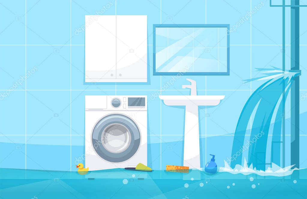 Bathroom flood semi flat vector illustration. Floating bath accessories and gels. Modern household items. Broken water pipe. Electric shock threat 2D cartoon scene for commercial use