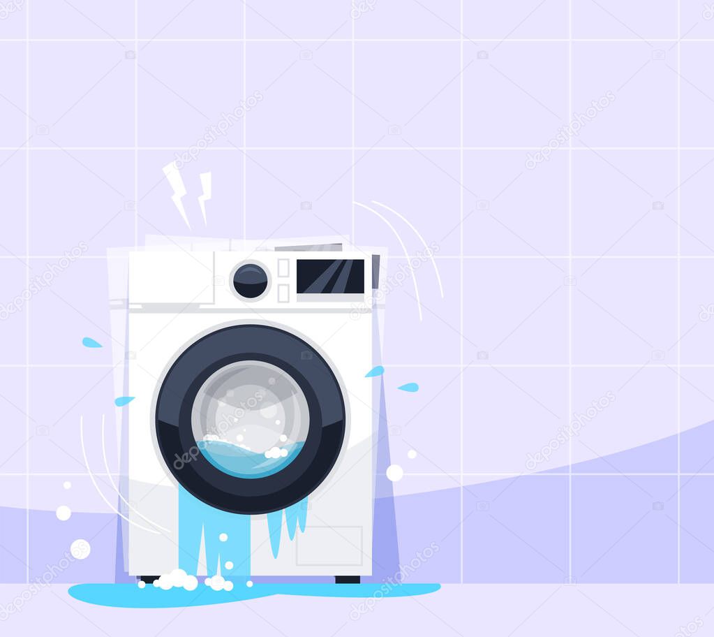 Broken washing machine semi flat RGB color vector illustration. Electricity problems. Water leak. Floored bathroom. Common household accidents isolated cartoon object on purple background
