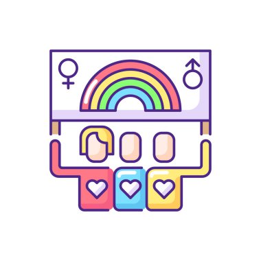 Gurur geçidi RGB renk simgesi. Biseksüel hayat. Gökkuşağı bayrağıyla pankart tutan insanlar. Lezbiyen fikirleri. Gurur işareti. Eşcinsel toplumu. İzole vektör illüstrasyonu