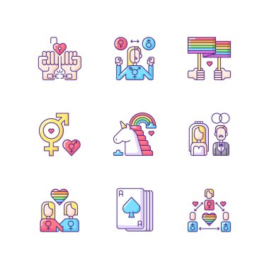 Gey sembolikleri RGB renk simgeleri Gurur toplumunun yaşam tarzını belirler. Biseksüel geçit töreni. Gökkuşağı tek boynuzlu atı. İzole vektör çizimleri