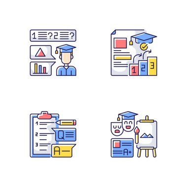 RGB renk simgeleri sorgulanıyor. Başarılı bir muayene. Akademik diploma. Üniversitede eğitim. Mezuniyet seviyesi. İzole vektör çizimleri