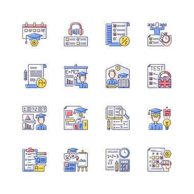 Test testleri RGB renk simgeleri ayarlandı. Cevaplı sınav kağıdı. Çalışıyorum. Eğitim hizmetleri. Öğrenciye soru sormak. İzole vektör çizimleri