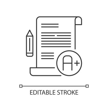 Kompozisyon inceleme pikseli mükemmel doğrusal simge. Başarılı bir sonuç. Kapsamlı muayene. En yüksek not. İnce çizgi özelleştirilebilir illüstrasyon. Contour sembolü. Vektör izole çizim. Düzenlenebilir vuruş