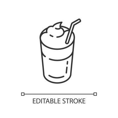 Mocha doğrusal simgesi. Köpüklü ve samanlı kahve içeceğim. Bardakta içki. Kafe menüsü. İnce çizgi özelleştirilebilir illüstrasyon. Contour sembolü. Vektör izole çizim. Düzenlenebilir vuruş