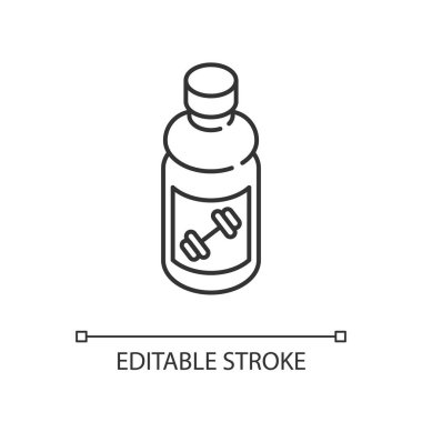 Spor, doğrusal ikon içer. Şişe protein. Egzersiz enerjisi için içecek. Sporcu ürünleri. İnce çizgi özelleştirilebilir illüstrasyon. Contour sembolü. Vektör izole çizim. Düzenlenebilir vuruş