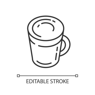 Latte lineer simgesi. Kahve kupası. Cam bardakta sıcak içecek. Köpüklü kapuçino. Köpüklü gözleme. İnce çizgi özelleştirilebilir illüstrasyon. Contour sembolü. Vektör izole çizim. Düzenlenebilir vuruş