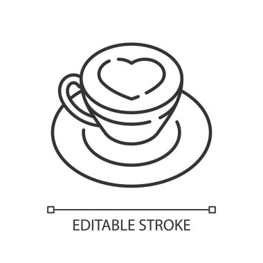 Cappuccino doğrusal simgesi. Köpüklü kahve. Bardakta sıcak içecek. Bardakta içecek. İnce çizgi özelleştirilebilir illüstrasyon. Contour sembolü. Vektör izole çizim. Düzenlenebilir vuruş