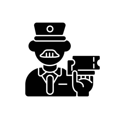 Bilet müfettişi Black Glyph ikonu. Tren yolculuğu, demiryolu taşımacılığı, beyaz uzayda siluet sembolü. Demiryolu işçisi, kontrolör bilet kontrolü vektör izole çizimi