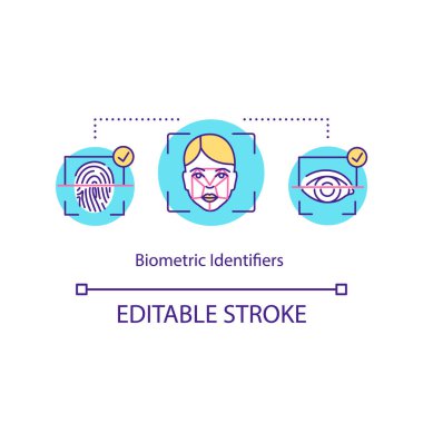 Biyometrik tanımlayıcı konsept simgesi. Yüz tanıma, retina taraması, parmak izi. Yenilikçi teknoloji fikri ince çizgi çizimi taranıyor. Vektör izole edilmiş RGB renk çizimi. Düzenlenebilir vuruş